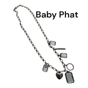 Baby Phat Silver Charm Necklace with Heart and Rectangles